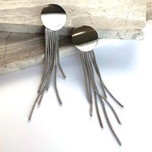 NEW~ Anthropologie Shiny Silver Disk Fringe Earrings
